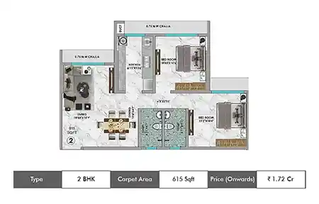Adityaraj Greens 2 BHK floor plan, 615 sq ft carpet area