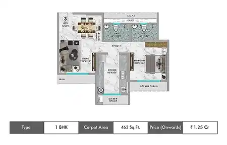 Adityaraj Greens 1 BHK floor plan, 463 sq ft carpet area